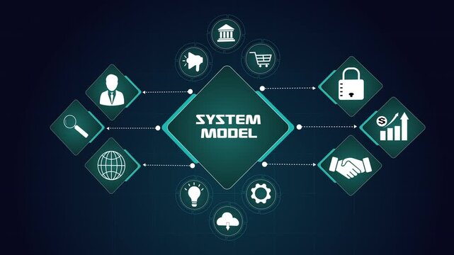 System model business framework concept, professional technology infrastructure with digital security and global data network, corporate strategy.