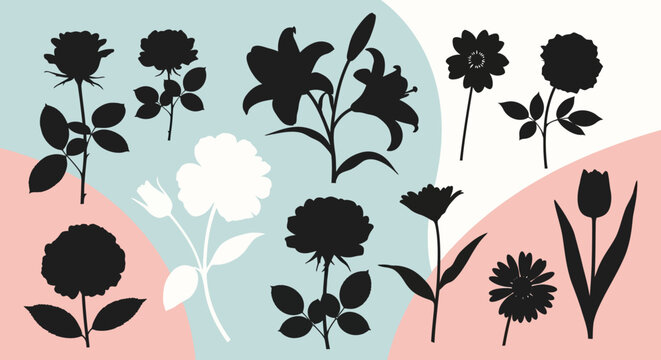 Beautiful floral silhouettes showcasing various blossoms like roses, lilies, and tulips on a pastel background