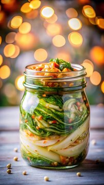 A closeup of a jar filled with homemade kimchi, featuring vibrant green and white layers, with an open lid revealing the spicy contents, under a brig