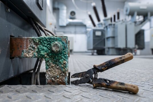 Industrial copper busbar terminal with hard green oxidation and dust