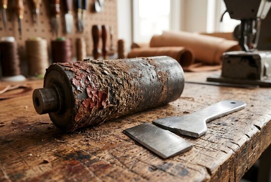 Leather skiving machine roller with hard edge paint and leather dust crust