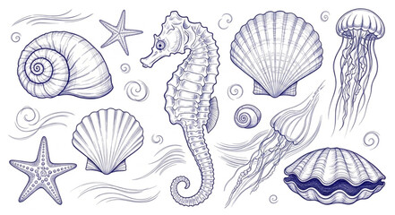 Collection of Hand Drawn Marine Life and Shells. © Melinda