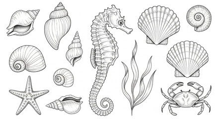 Collection of Hand Drawn Marine Life and Shells. © Melinda