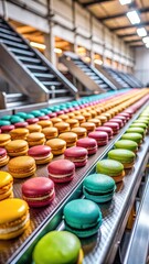 A realistic photo of Confectionery production line with colorful macarons on a conveyor