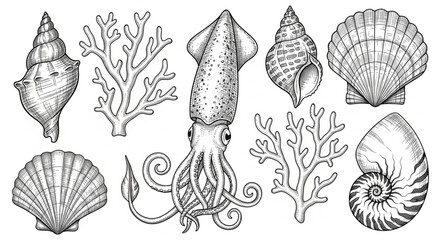Collection of Hand Drawn Marine Life and Shells. © Melinda