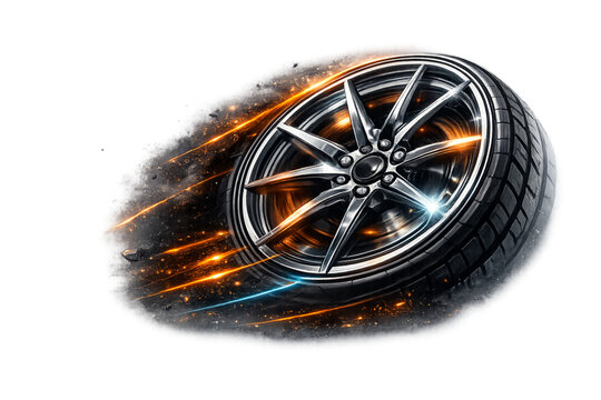 spinning wheel rim, wheel sparks, alloy rim, racing wheel, motion blur, automotive detail, performance wheel, tire spin, speed motion, sports car wheel, drifting sparks, high speed, chrome rim, dynami