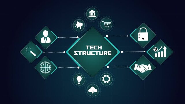 Tech structure business framework, professional technology infrastructure with digital security and global data network, corporate strategy concept.