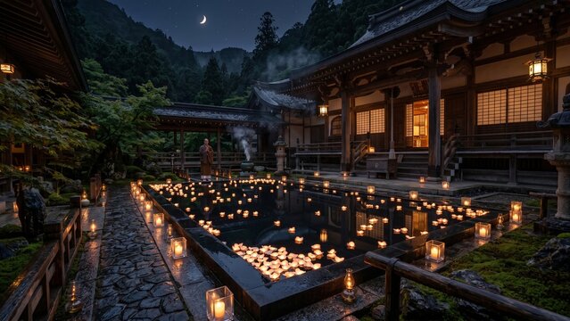 Japanese Mountain Temple Courtyard Night Ritual with Floating Illuminated Paper Petals