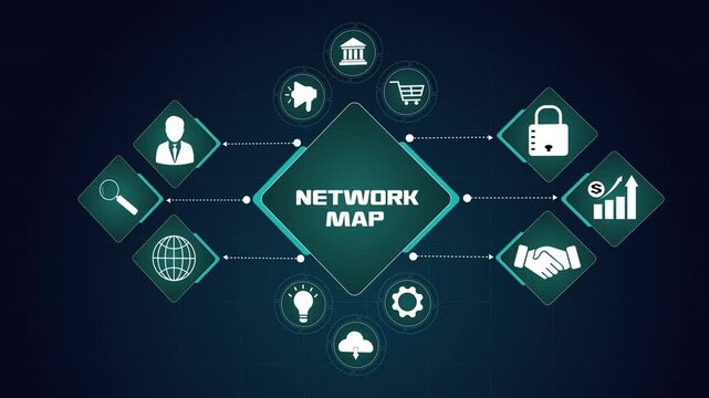 Network map technology concept background, futuristic digital business ecosystem with integrated global connectivity, secure corporate infrastructure solution.