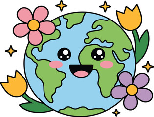 Fototapeta premium Cute kawaii earth character with smiling face, pink flowers, yellow tulips, and stars, happy world environment day vector
