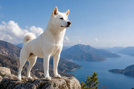 Majestic White Jindo Dog Standing on a Mountain Peak