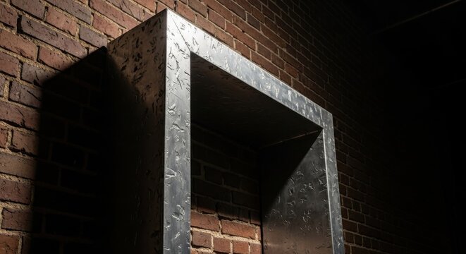 Hammered aluminum portal frame against textured brick wall background industrial design element