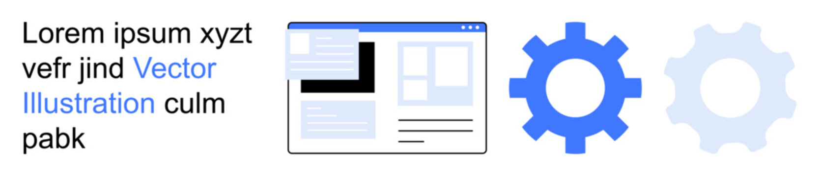 Web development, system settings, interface design, software management, workflow optimization, innovation. Display of a webpage layout and two gears. Web development and system settings concept