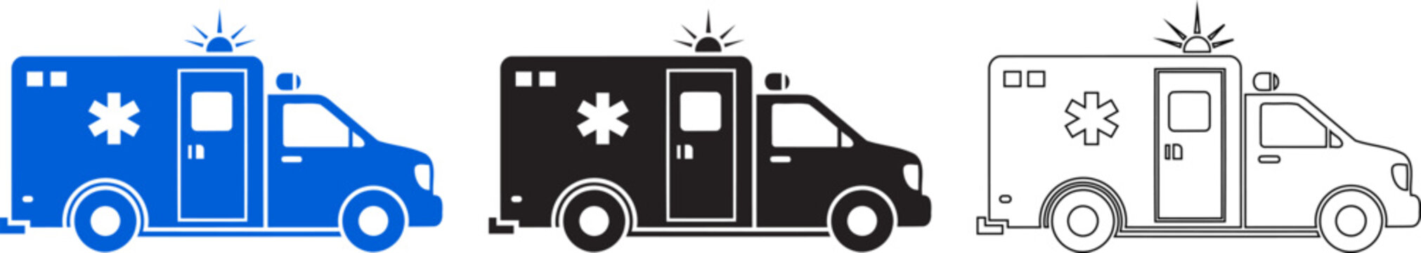Ambulance vehicle icon set color silhouette and line art variations