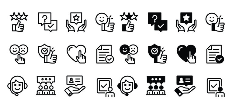 Customer feedback and service icon set, 24 line and solid vector icons, user experience and satisfaction rating symbols for business interface