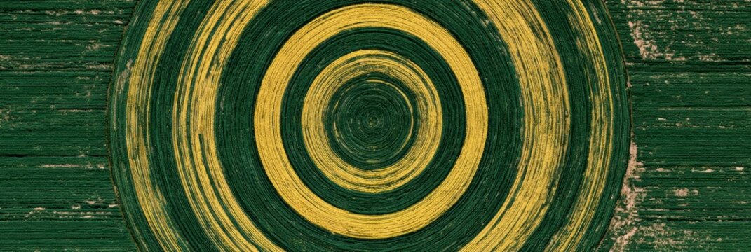 Aerial view displays concentric circles of crop fields in green and gold tones, highlighting agricultural patterns in a cultivated landscape.
