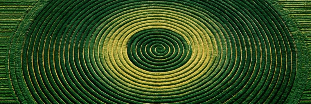 Top-down view shows concentric rings of a crop field in green and gold tones, illustrating irrigation patterns in agricultural land at midday.