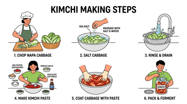 A detailed instructional infographic showing the sequential steps for preparing traditional fermented spicy kimchi using fresh napa cabbage at home
