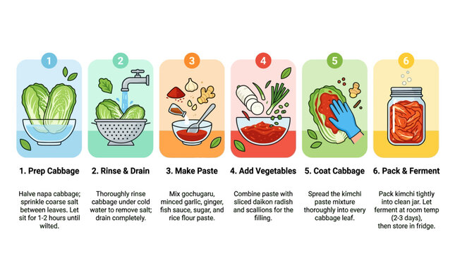 A colorful infographic showing the six step process for making traditional homemade kimchi with fresh napa cabbage and spicy ingredients.