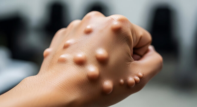 Close up of a human hand with multiple raised skin nodules and bumps image