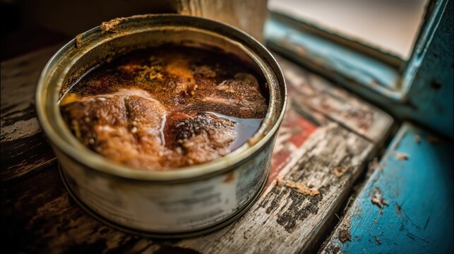 Rusty opened tin can with severely spoiled preserved food on a textured wooden surface