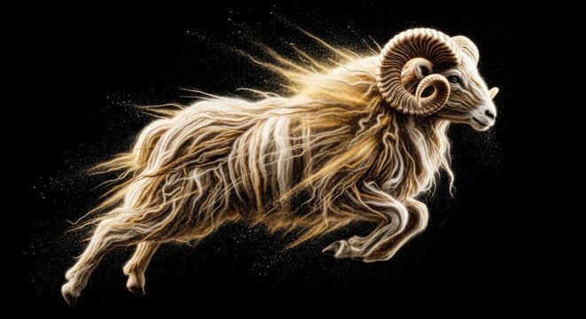 Dynamic Ram Composed of Swirling Golden Particles Leaping Against a Pure Black Background, Energetic Art