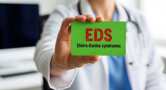 Doctor holds green card with E D S Ehlers Danlos syndromes text medical healthcare