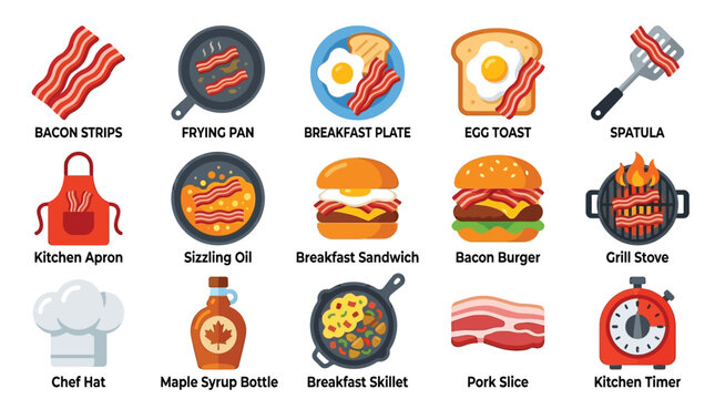 Collection of breakfast food items and cooking utensils, including bacon, eggs, sandwiches, and kitchen tools.