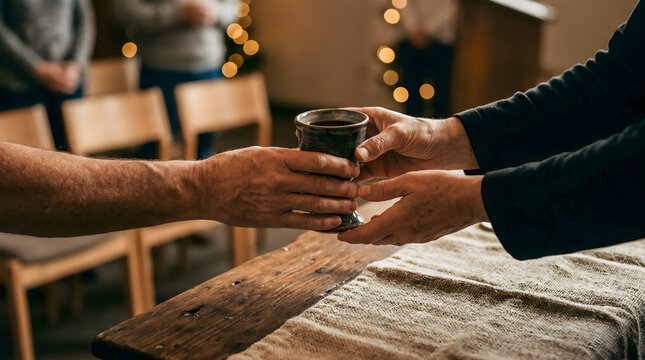 Hands exchanging a communion cup on a wooden table in a church.