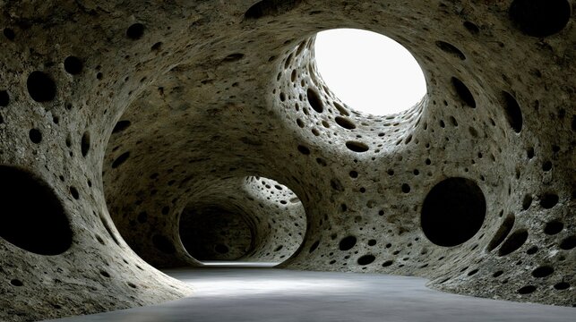 Curved walls and round openings create a unique structure inside an underground space during daytime