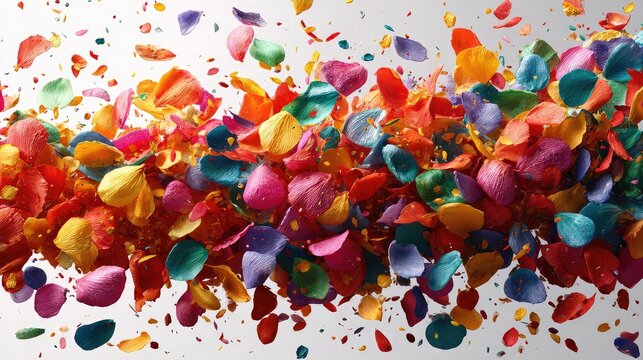 Vibrant rainbow petals exploding in midair creating a dynamic abstract burst of colorful floral fragments against a clean minimalist white studio background