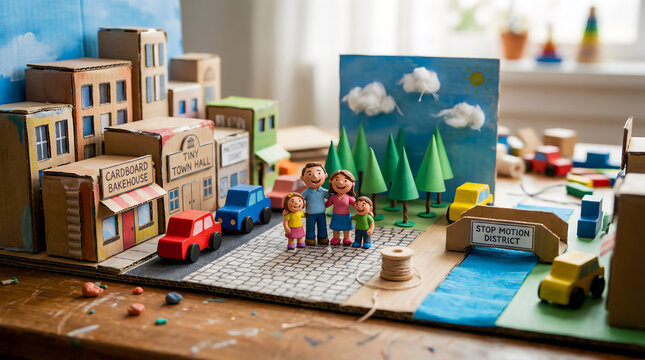 Handcrafted cardboard city diorama with clay family and paper trees.