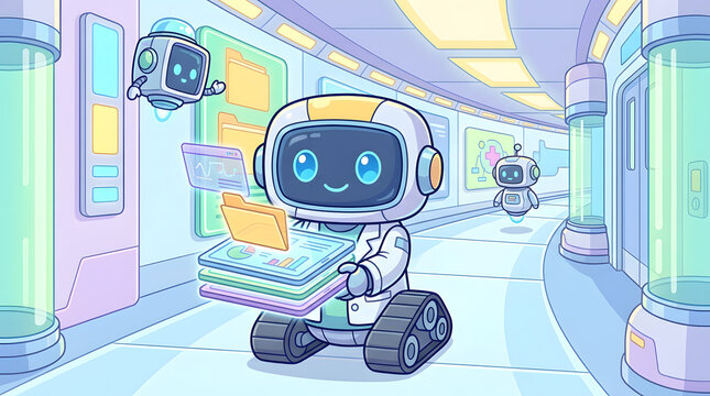 Cute chibi intelligent healthcare automation robot working in a futuristic medical facility, widescreen banner illustration.