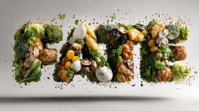 The word fate formed by levitating fresh vegetables and mushrooms against a clean light grey background with dynamic floating particles and soft studio lighting