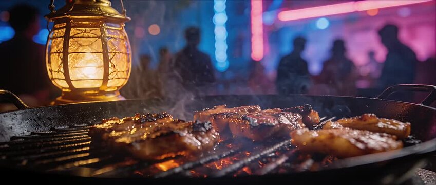Night street food grill flame smoke juicy meat barbecue at asian outdoor market culture festival dinner nightlife with neon light bokeh warm lantern fire heat tasty street snack vendor cooking vibes