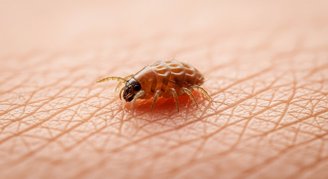 Extreme close up of a scabies mite on textured human skin with visible pores insect