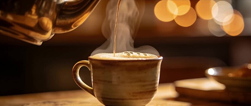 Warm coffee cup hot steam pour warm cafe beverage ceramic cozy morning coffee cup with hot steam golden light, warm coffee pour rustic ceramic mug wooden cafe counter with soft steam rising creating