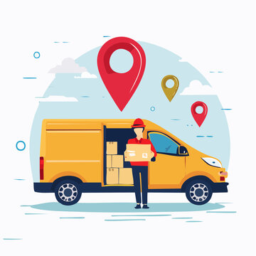 Delivery service with van, courier, packages, and location pins