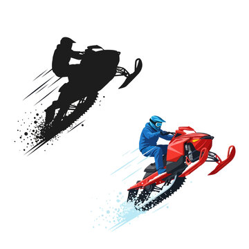 Snowmobile Rider Jumps with Snow Spray and Silhouette on White Background