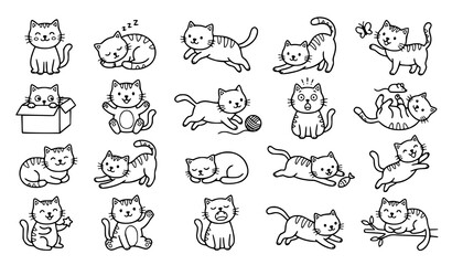 Obraz premium Cute doodle cats vector set with funny kitten poses and emotions