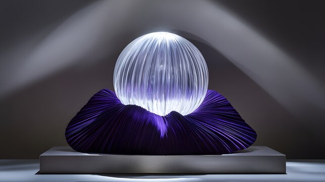 Glowing crystal ball on purple velvet cushion, mystical glass sphere with internal light, magical fortune telling orb for divination and occult concepts