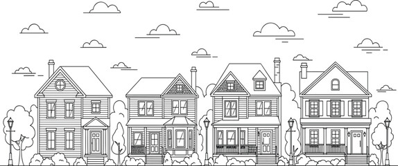 Obraz premium Line art suburban houses, black and white neighborhood illustration