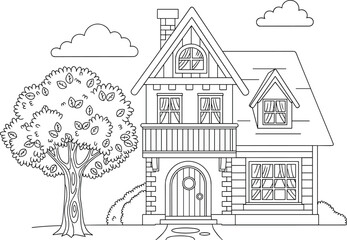 Fototapeta premium Line art house illustration, black and white architectural drawing
