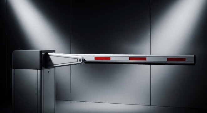 Modern silver articulated arm barrier with red reflective stripes, automated access control system