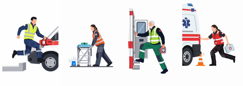 Collection of diverse paramedics and first responders in uniform performing emergency medical tasks with ambulances and rescue equipment on a white background.