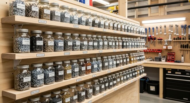 Wall-mounted shelving units showcasing an organized collection of screws, nails, and various hardware in clear glass jars.