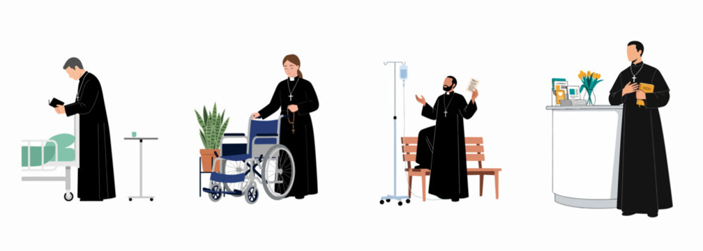 Flat vector illustrations of hospital chaplains providing spiritual support, comfort, and religious services to patients in various healthcare and medical settings.