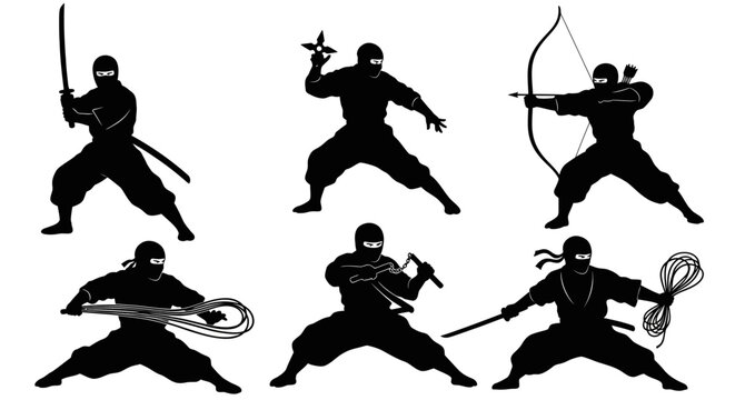 Six silhouette ninjas with various weapons on white background