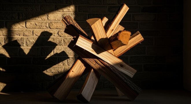 Split logs artistically arranged for visual appeal against a brick wall with dramatic lighting