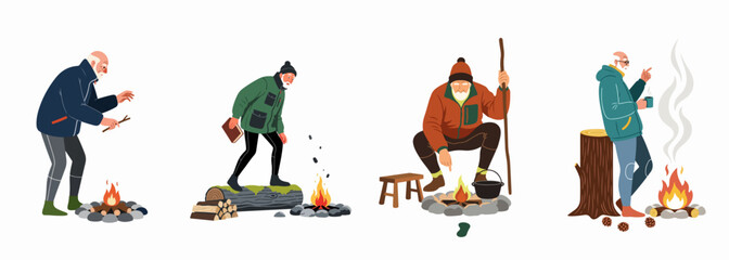 Set of illustrations depicting an elderly man enjoying various outdoor camping and campfire activities, perfect for travel and lifestyle themes. © Payandu